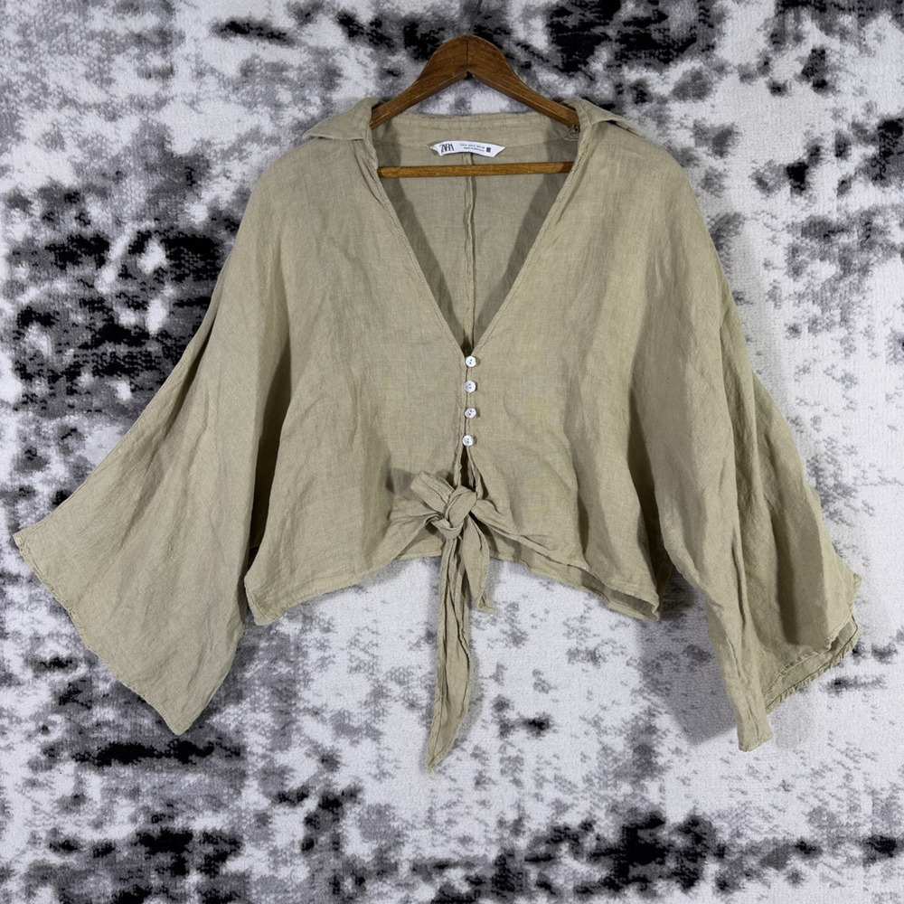 Zara Top Womens Small Beige Cropped Tie Front Wide Sleeve V-Neck Woven‎ Hippie